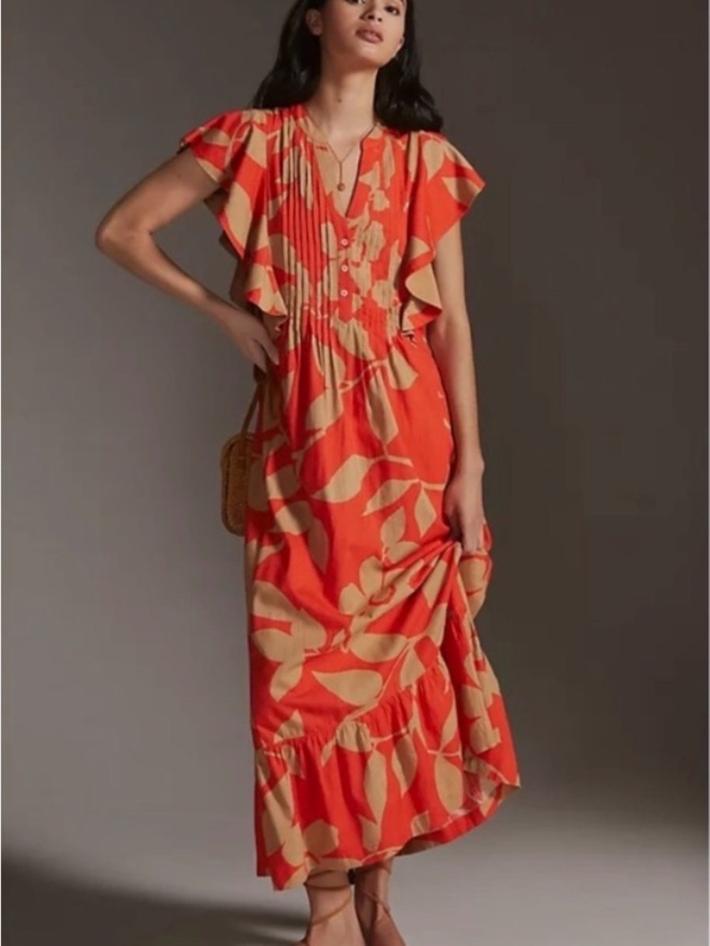 Anthropologie Maeve  Cassandra Orange Maxi Dress with Tan Leaf Print